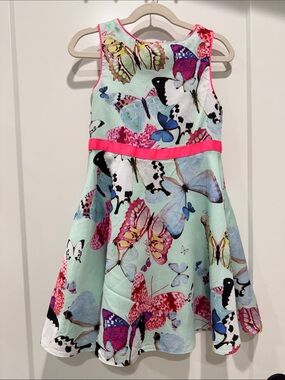 Ted Baker Butterfly Print fit and flare girls Dress with Pink Trim size 7